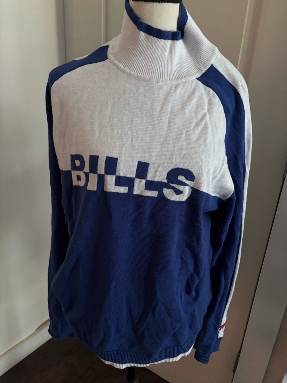 Blue and White Turtleneck Sweater with 'BILLS' Graphic